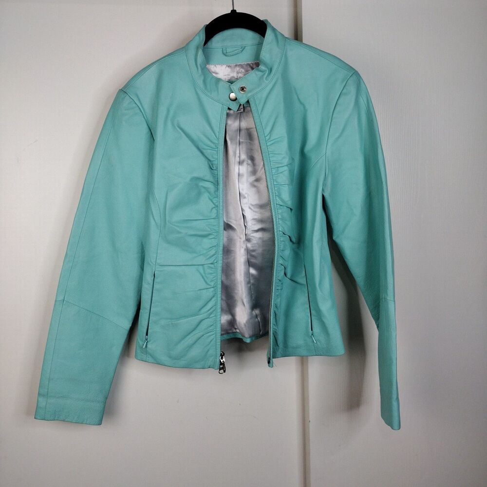 Wilsons Womens 90's VTG Leather Maxima Ruched Moto Jacket Aqua Teal Blue Size M - Picture 2 of 8